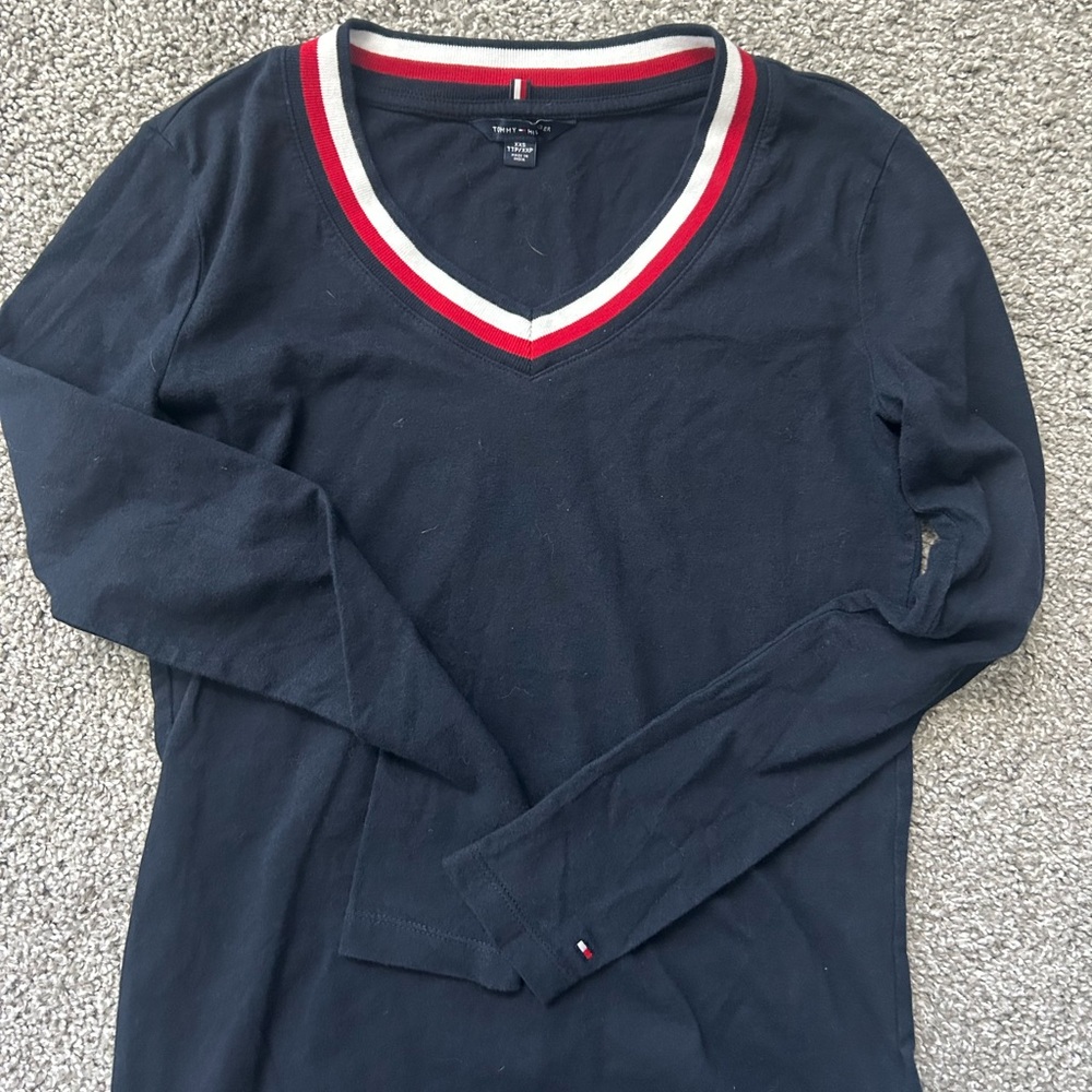 Navy V-Neck Tommy Hilfiger Long Sleeve Top